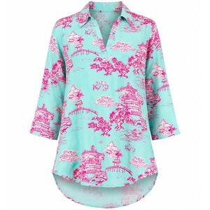 Top It Off Chinoiserie Tunic Top Womens S/M Aqua Pink Pagoda Toile Viscose Beach